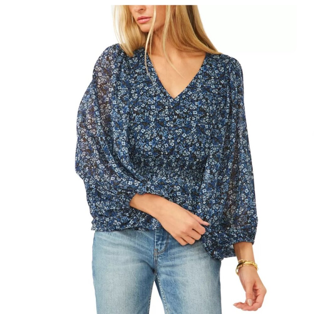 VINCE CAMUTO Blue Floral Smocked Waist Top - Size M